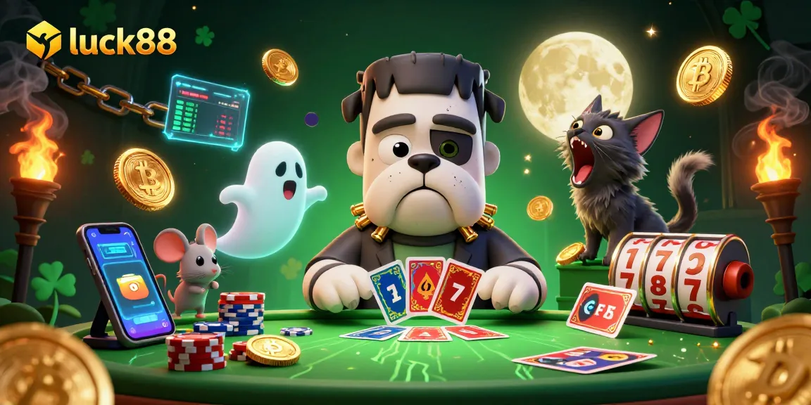 Luck88 gaming scene with a Frankenstein bulldog dealer, crypto coins and vibrant casino elements.