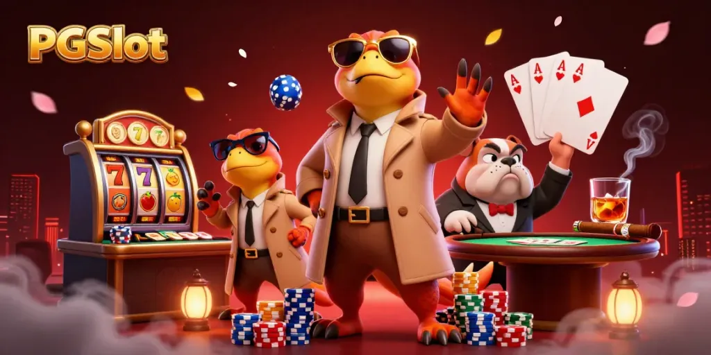 Experience PGSlot excitement with raptors entering a VIP casino scene, blending humor and action.