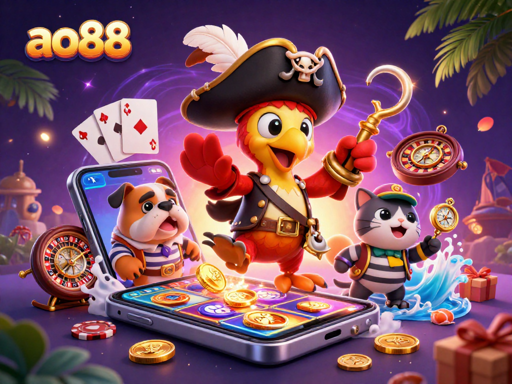 Play slot games at ao88 with vibrant 3D pirate characters, gold coins, and colorful gaming elements.