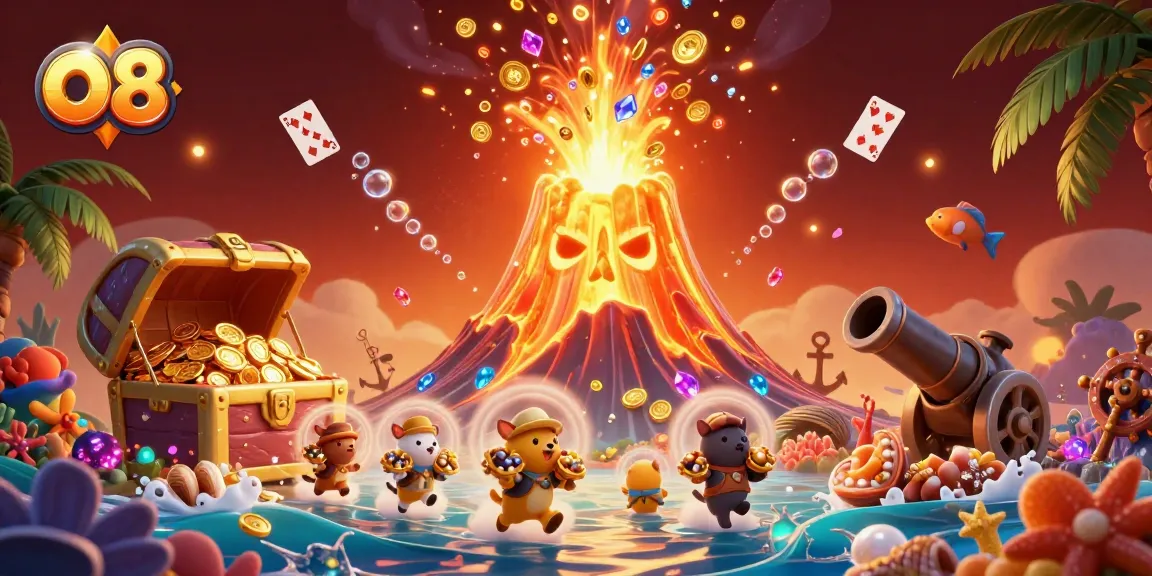 Witness O8's vibrant casino mood with a treasure-rich eruption scene, blending gaming elements and adventure.