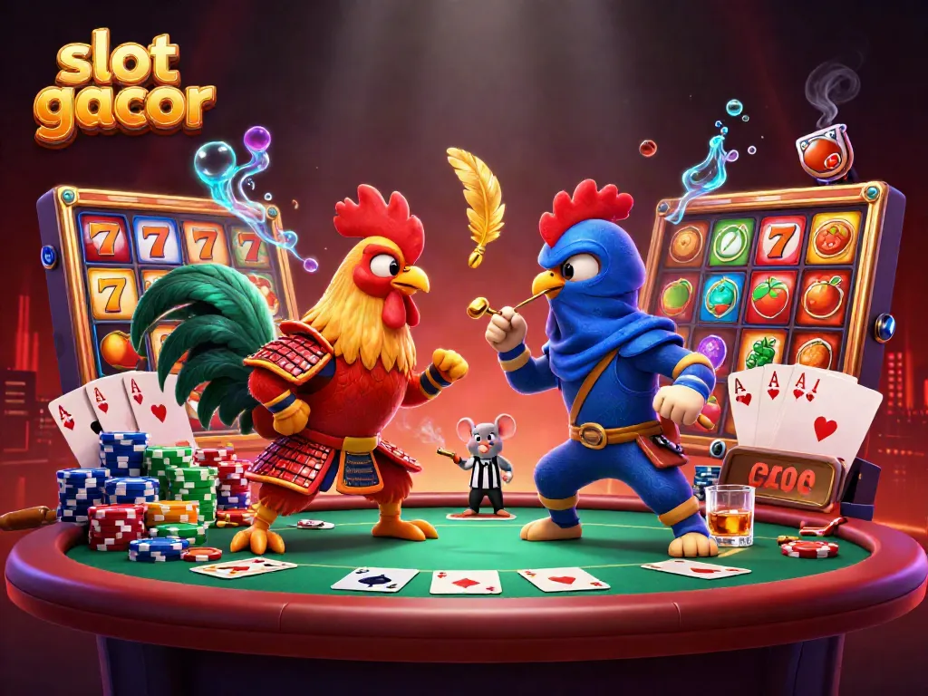 Fitur slot gacor dengan duel dua ayam bertarung dalam suasana kasino yang dinamis