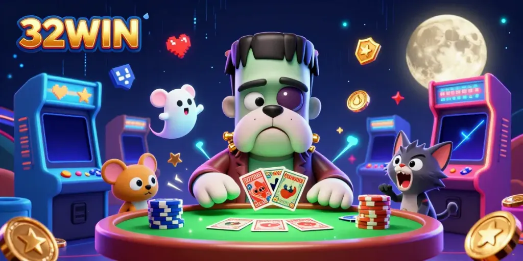 Experience thrilling action at 32WIN with a dynamic casino scene featuring a cartoon bulldog croupier and playful elements.