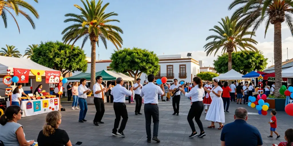 Canarian news highlighting a lively local festival scene with dancing, traditional crafts, and community celebration.