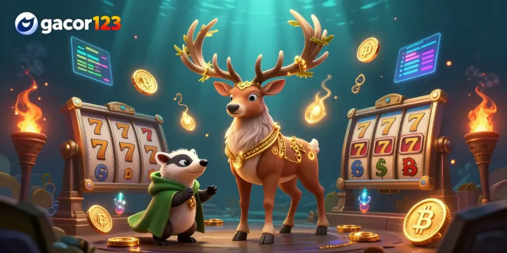 Engage with gacor123 and experience dynamic online slot gaming with glowing elements and captivating characters.