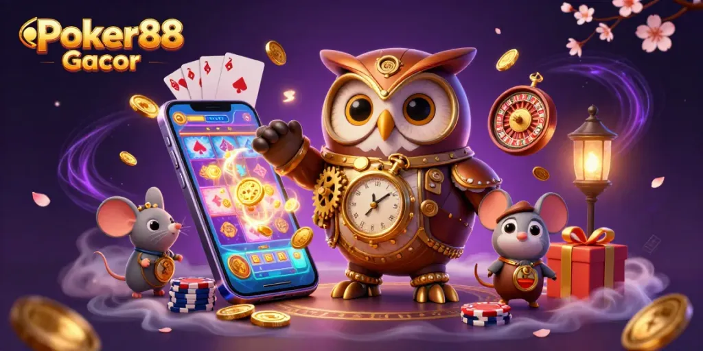 Experience the thrill of Poker88 Gacor with steampunk characters, dynamic slot games, and vibrant casino elements.