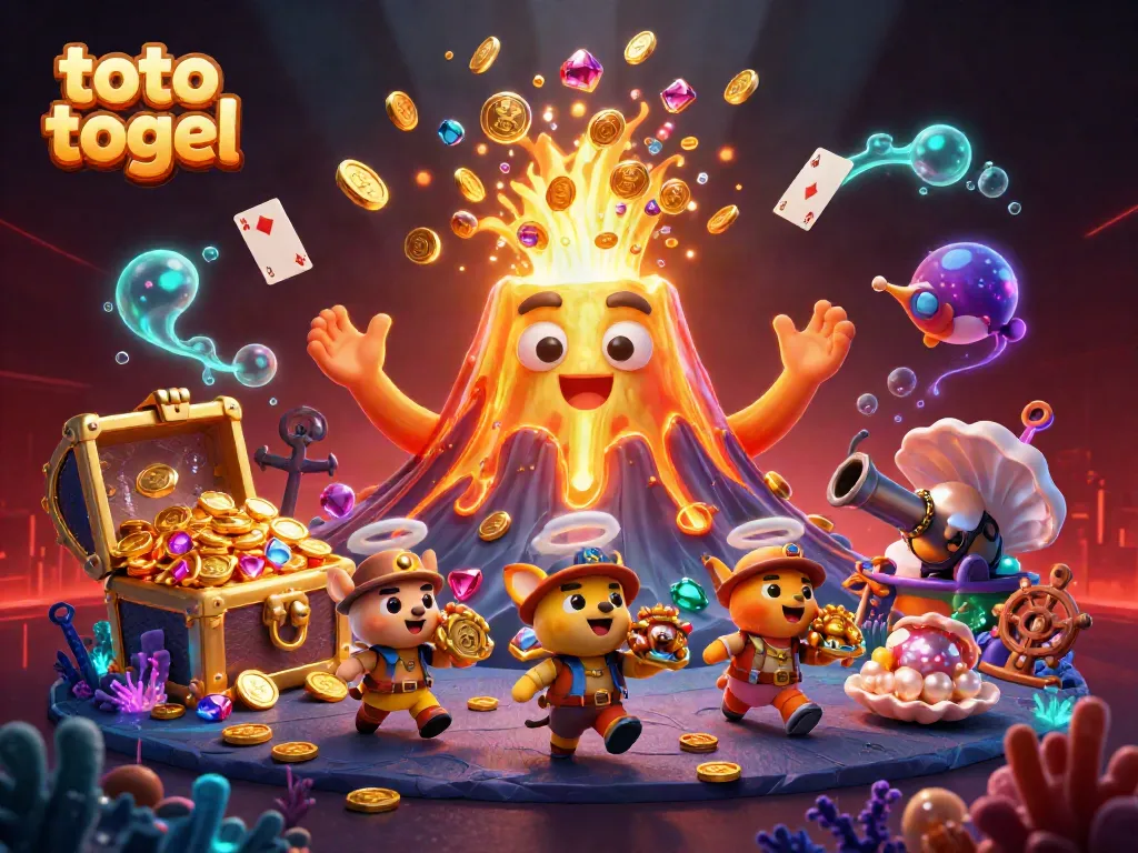 Experience the excitement of toto togel with a vibrant scene of a golden volcano, animals gathering treasures, and dynamic casino elements.