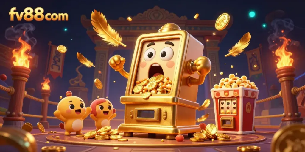 Experience winning moments at fv88 com with a lively golden slot machine celebrating its jackpot amidst cheering companions.