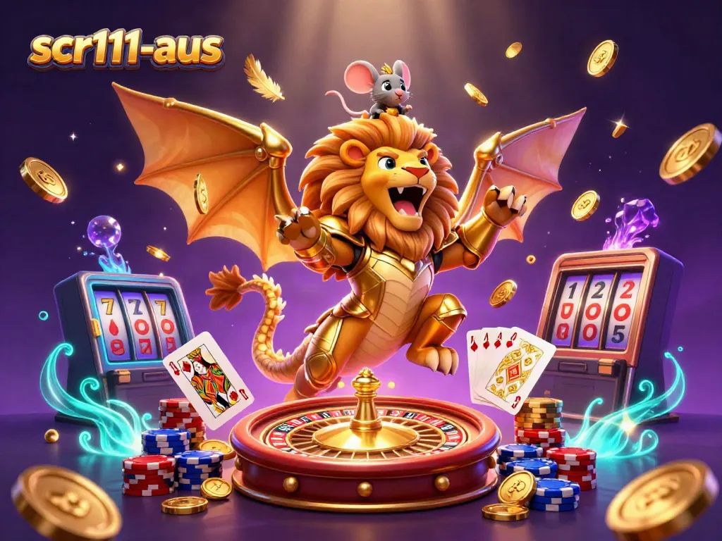 Engage in the thrill of scr111-aus with a vibrant 3D casino scene featuring a chimera and exciting game elements.
