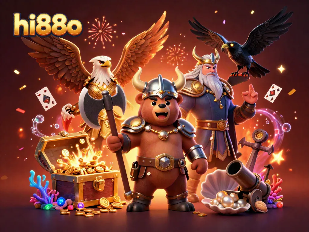 Engage with hi88o's vibrant 3D casino adventure featuring a Viking bear and Valkyrie eagle.