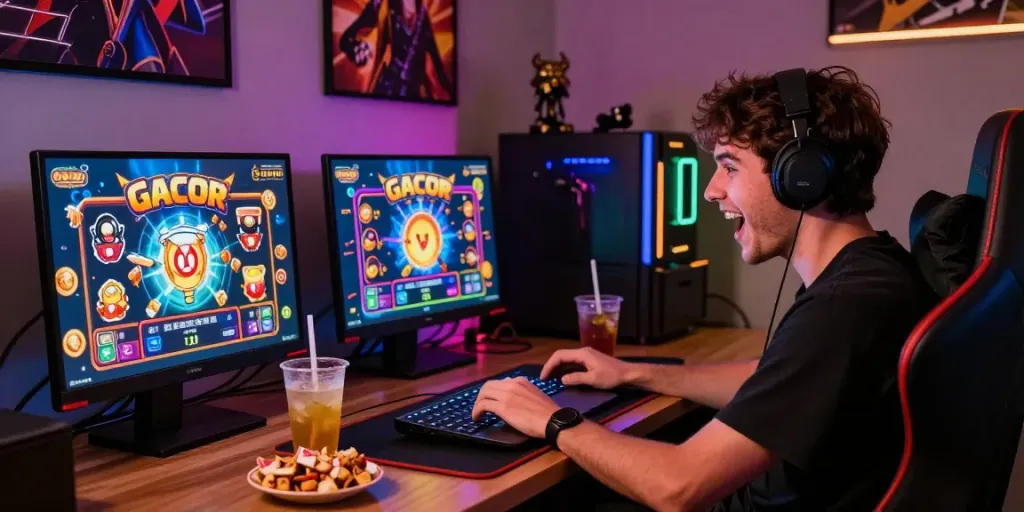 Player celebrating a big win on slot gacor thailand game with colorful graphics and joyful expression.
