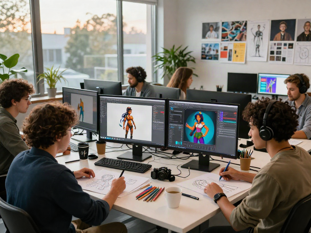 Creative workspace showcasing character AI NSFW development with diverse artists collaborating on digital designs.