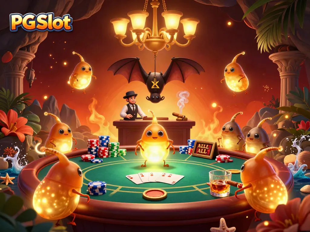 Permainan PG Slot yang seru dengan cacing bercahaya menjadi dealer dalam kasino gua yang penuh warna.