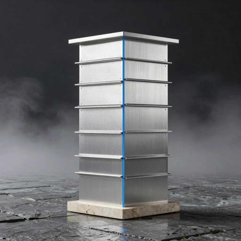Brushed aluminum indexing tower in coastal fog on a stone floor.