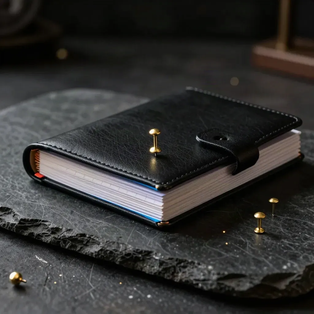 Closed black notebook, brass pins, and grid cards on stone under dramatic studio light.