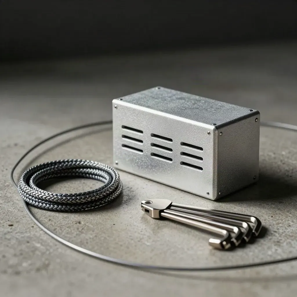 Machined aluminum enclosure with braided cable loop and hex keys on concrete
