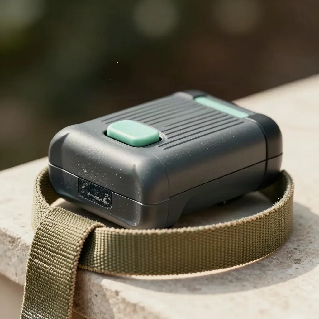 Scanner dock, shipping seal, and canvas strap on stone with soft bokeh light.