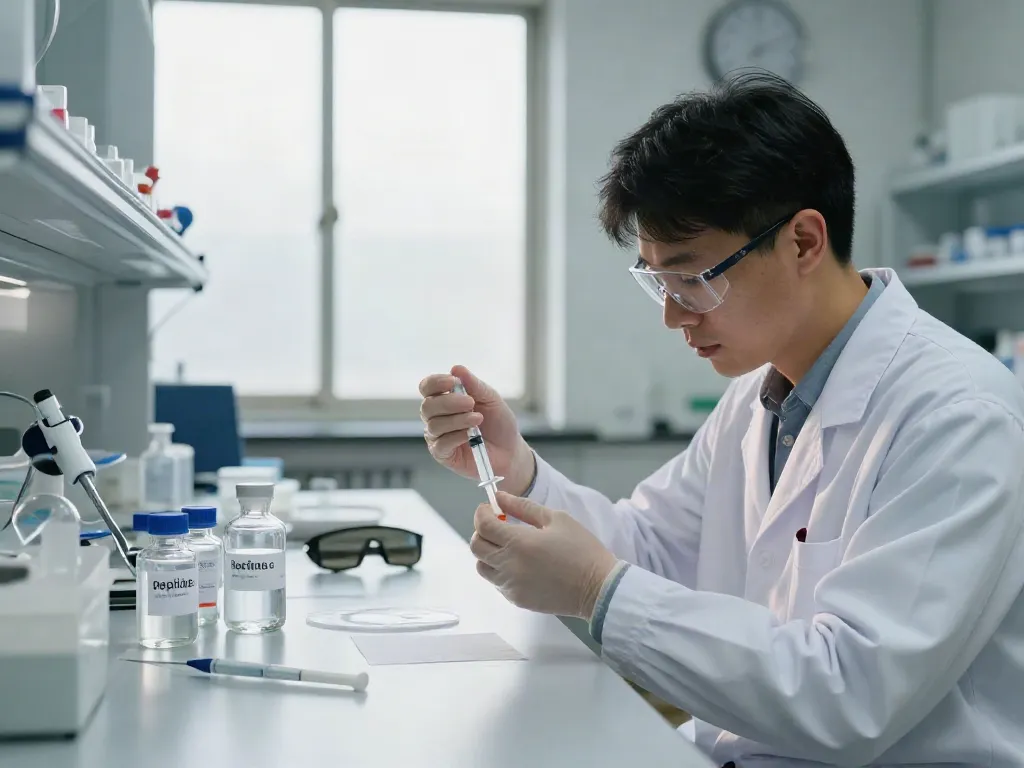 Researcher measuring 2ml bac water in a laboratory setting.