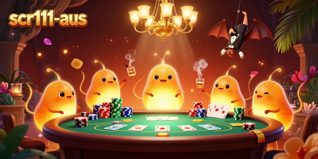 Experience the excitement at scr111-aus with cartoon glowworms lighting up a vibrant poker scene.