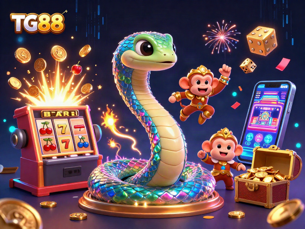 Experience the excitement of TG88 through vibrant illustrations of casino gaming and dynamic slot action.