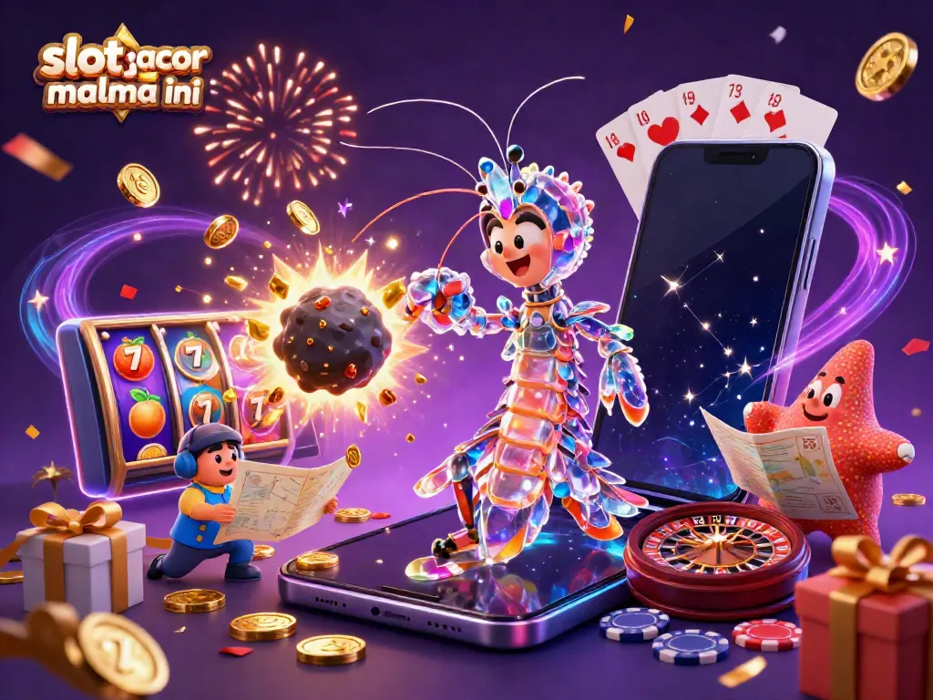 Engage with the excitement of slot gacor malma ini featuring a dynamic galactic samurai mantis shrimp and vibrant slot elements.