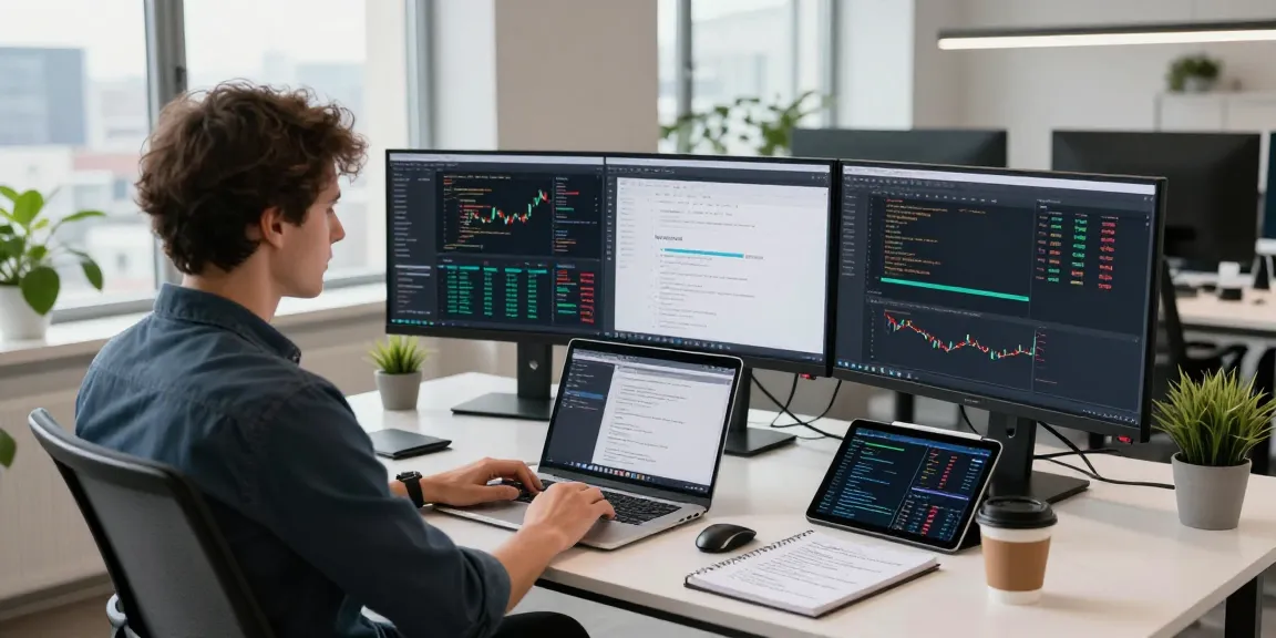 Real-time analytics and coding for a multi-ticker German stock API in a modern office.