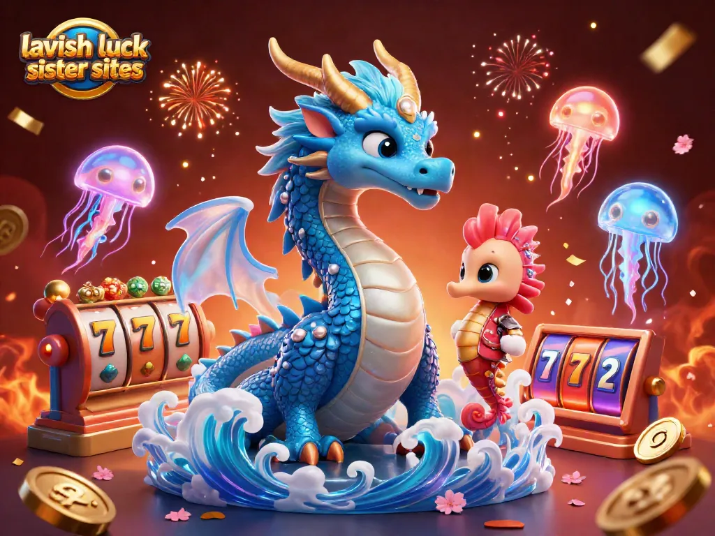 Experience the excitement of lavish luck sister sites in this dynamic 3D casino scene featuring a dragon, knight, and jellyfish.