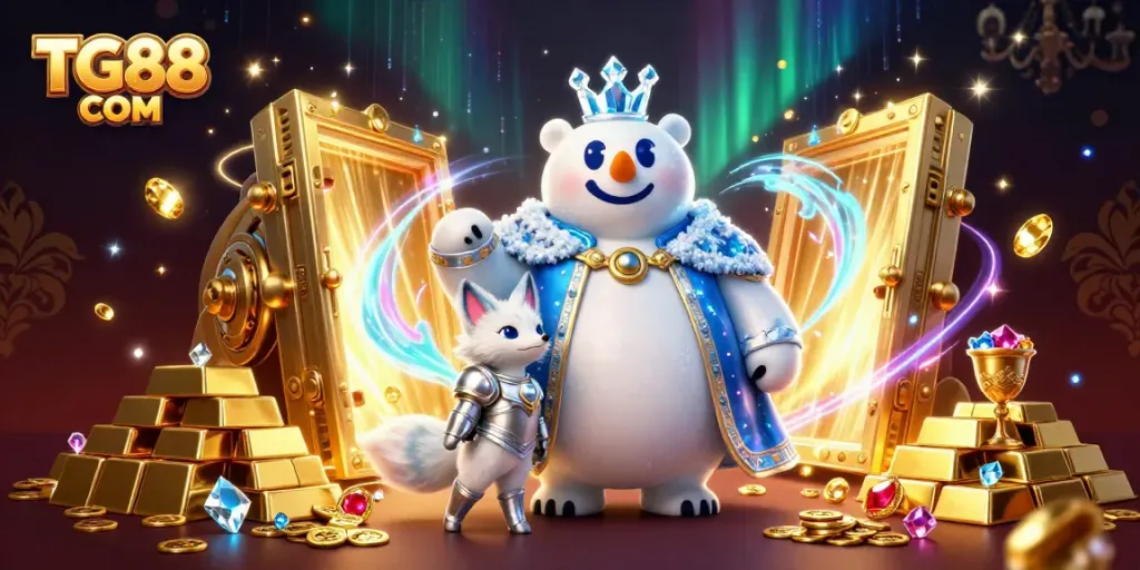 Engage with TG88 COM through this vibrant 3D casino illustration showcasing treasures and gaming elements.