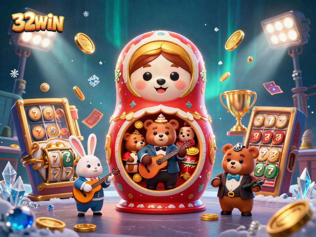 Experience the excitement of 32WIN with vibrant slot reels and dynamic casino elements in a 3D illustration.