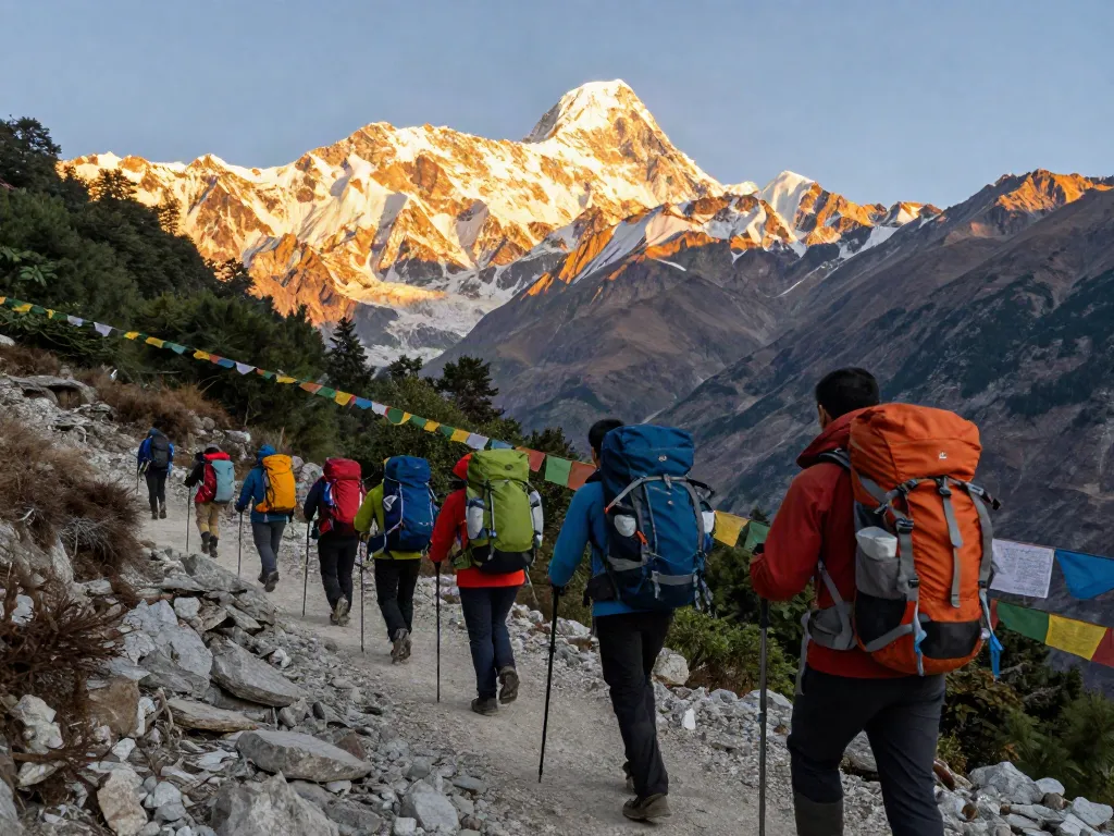 Trek to Manaslu Circuit with adventurers on mountain trail surrounded by stunning peaks and vibrant nature.