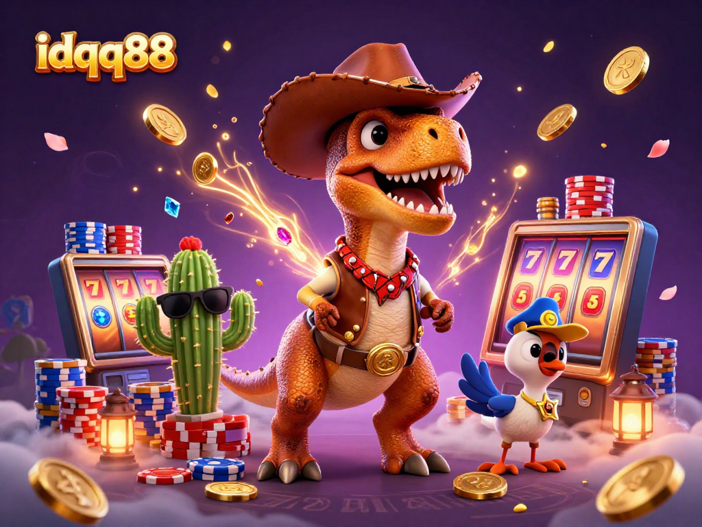 Spin to win with idqq88 slot machines as the cowboy dinosaur and friends celebrate the jackpot.