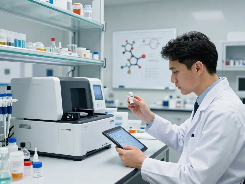 Researcher analyzing Tesamorelin for sale in a laboratory setting, ensuring quality and accuracy.