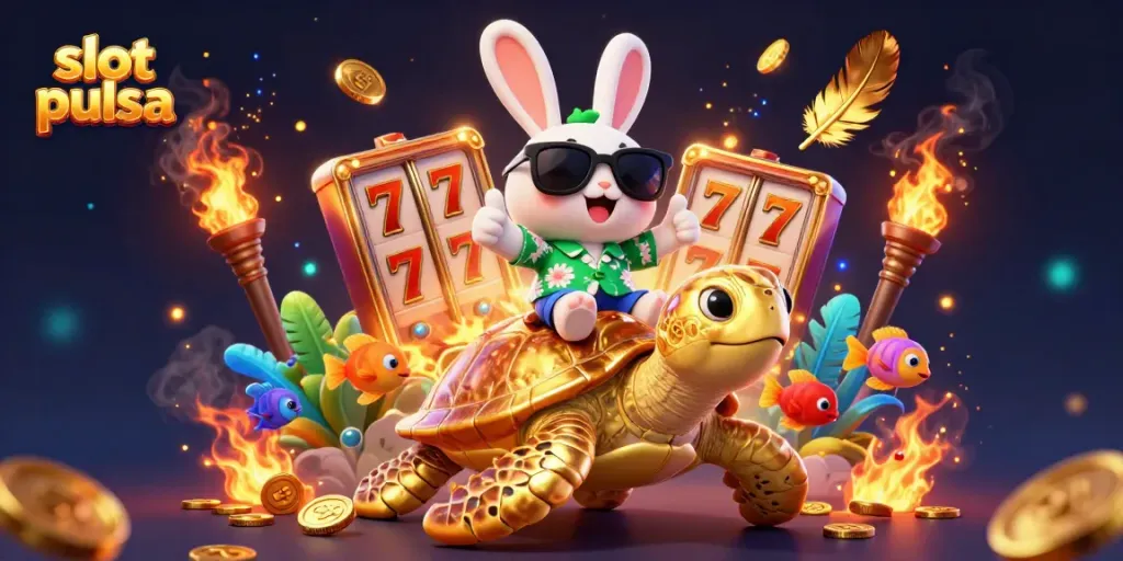 Experience the excitement of slot pulsa with a cartoon rabbit and turtle in a vibrant casino scene.