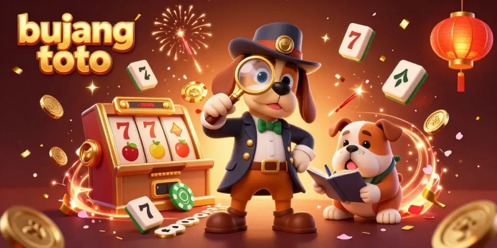 Engaging scene where the detective explores a bujang toto poker chip clue while vibrant slot game elements surround him.