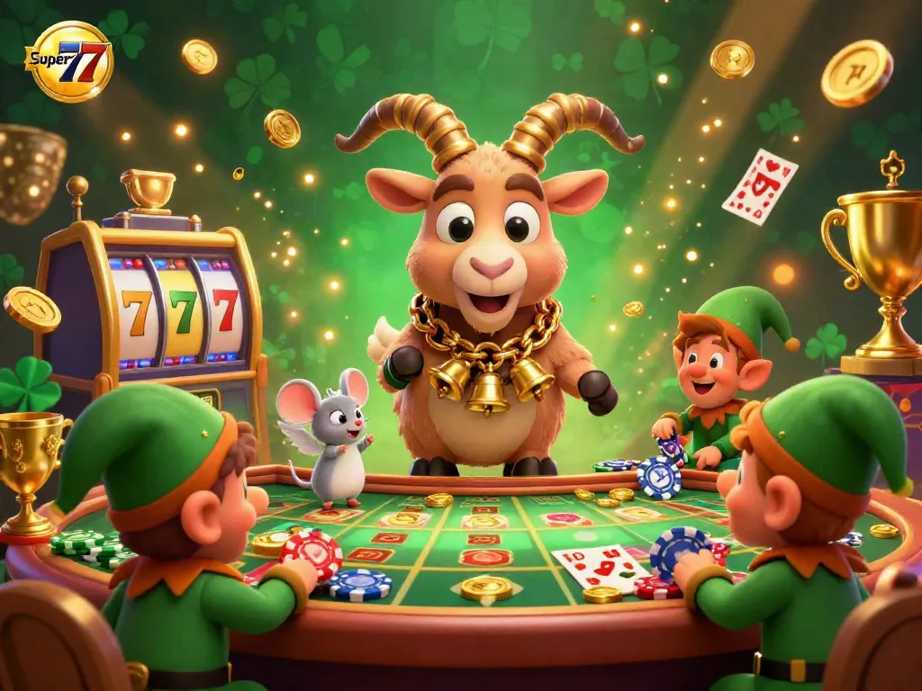 Engage in thrilling slot adventures at super77 featuring a festive casino with dynamic 3D characters.