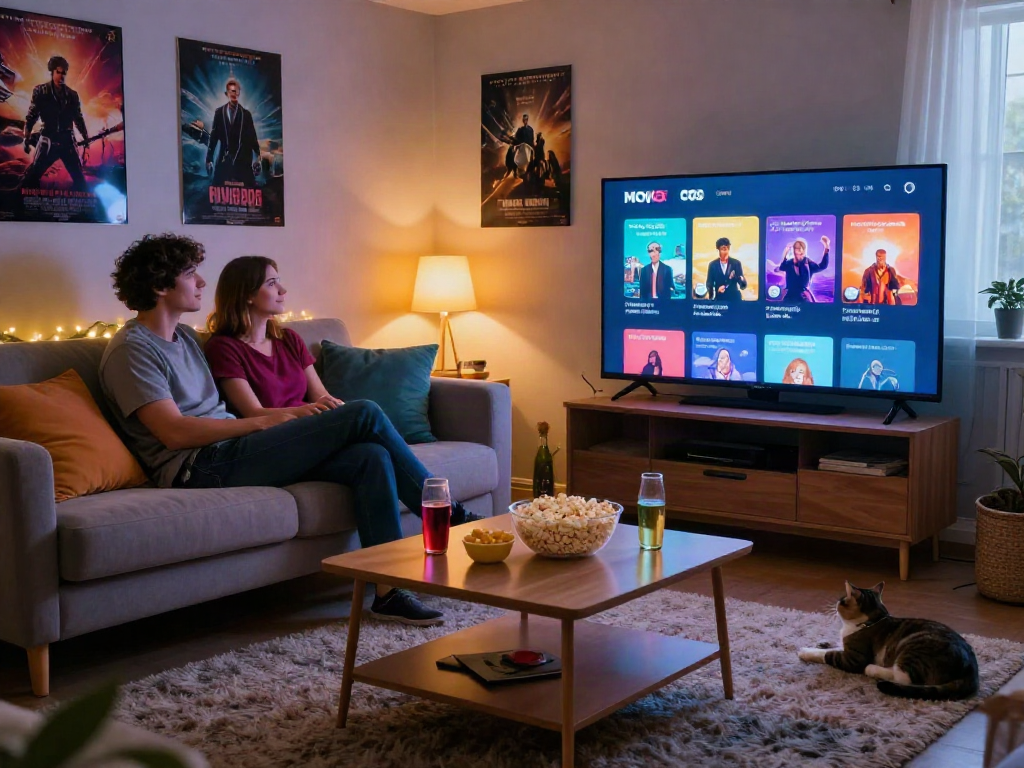 Couple enjoying a movie night using the Moviebox app in a cozy living room setting.