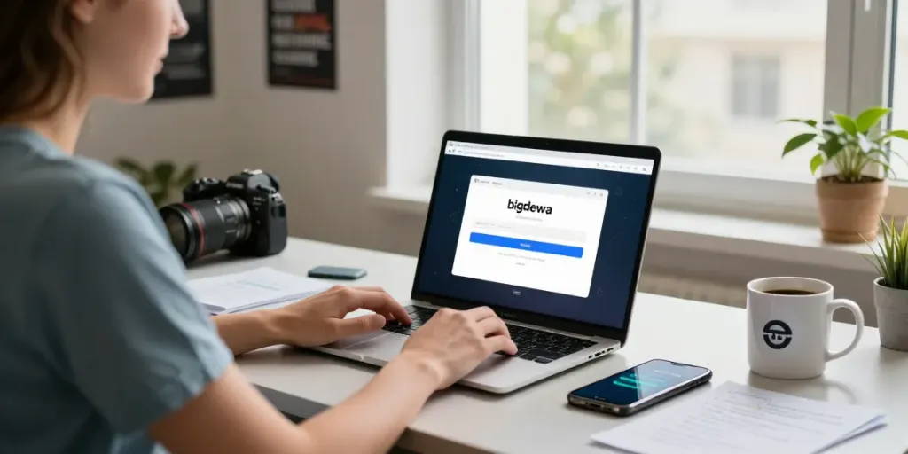 Bigdewa login on a laptop in a modern digital workspace with vibrant atmosphere.