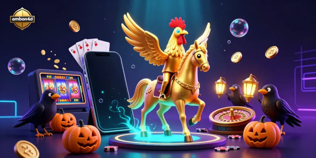 Experience the thrilling ambiance of ambon4d with a vibrant casino scene featuring a golden rooster and dynamic game elements.