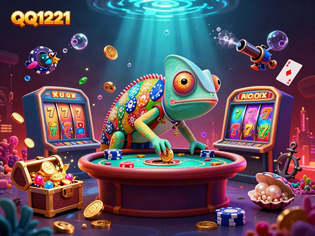 Experience the excitement of QQ1221 with a vivid 3D illustration showcasing slots and a chameleon casino owner.