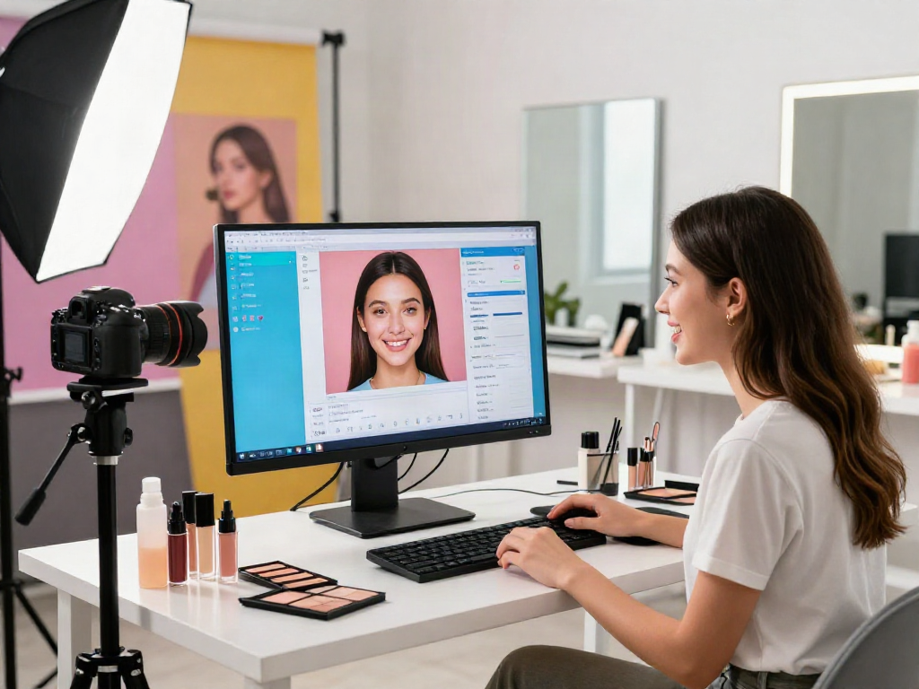 Test attractiveness results displayed on a screen in a modern beauty studio with a cheerful model.