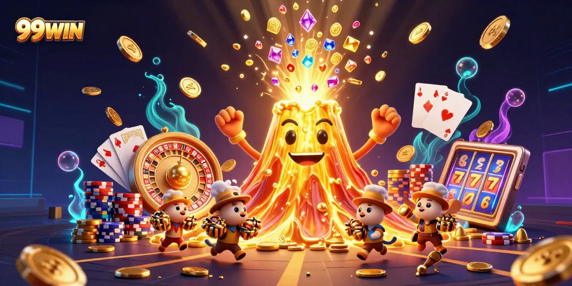 Spin the massive 3D volcano delivering treasures at 99WIN casino, bursting with golden coins and vibrant gems.