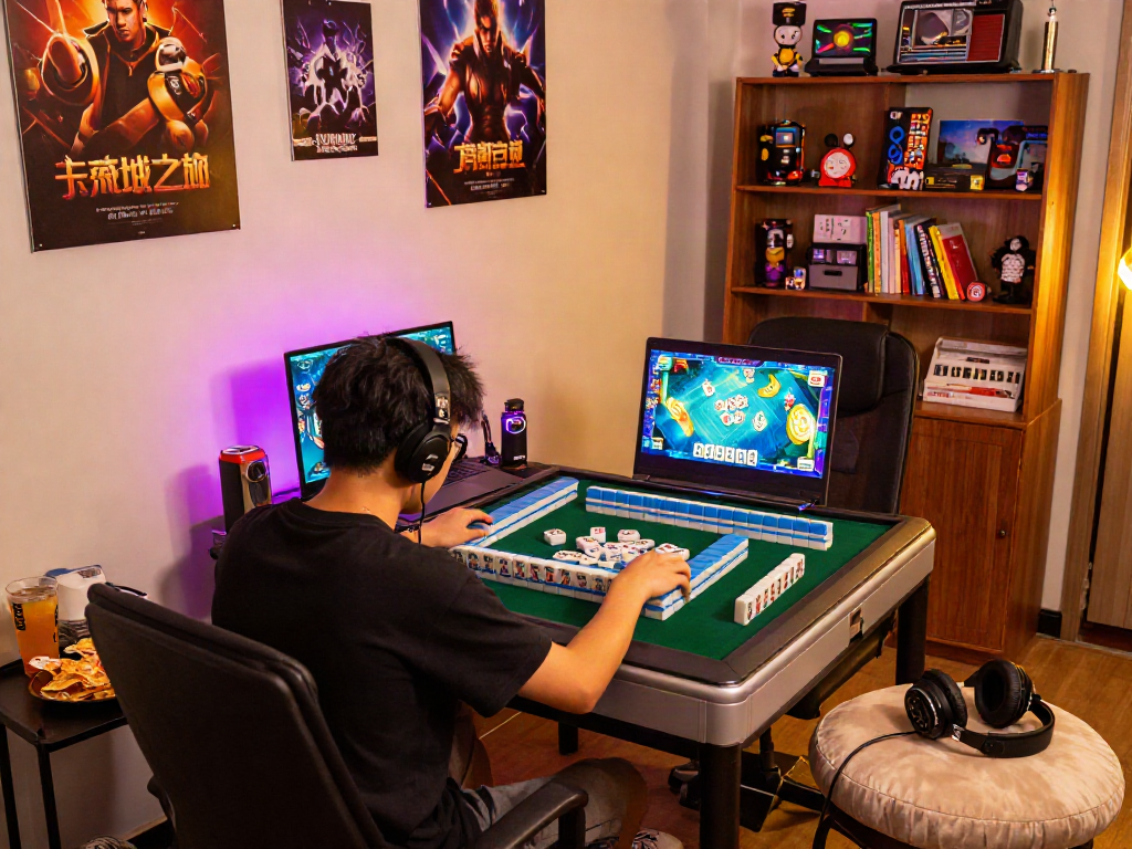 Engaged gamer playing MAHJONGJP88 Official on a laptop in a cozy gaming setup with snacks.