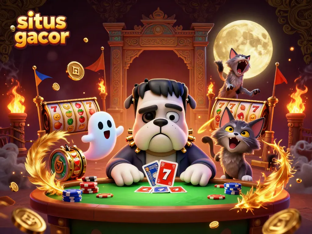 Experience excitement at situs slot gacor with a lively scene of card dealing and playful characters.