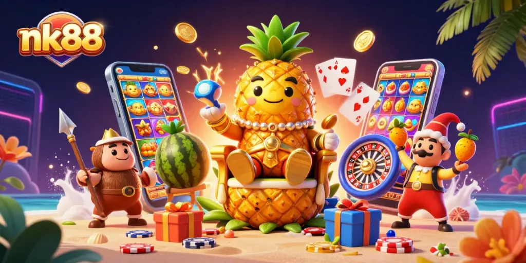 Engage with nk88's dynamic casino games featuring a vibrant 3D pineapple king and energetic gaming elements.