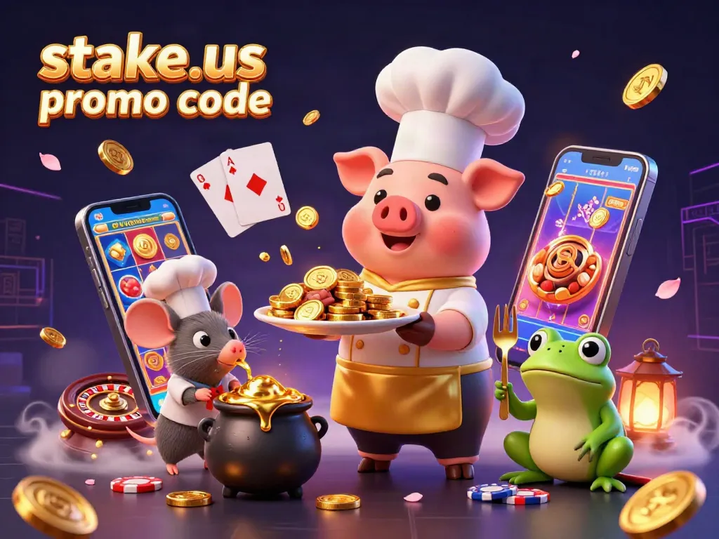 Experience winnings with stake.us promo code in a vibrant casino-themed 3D illustration.