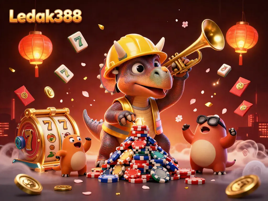 Engage with Ledak388 as a triceratops builds poker chip pyramids amid vibrant casino celebrations.