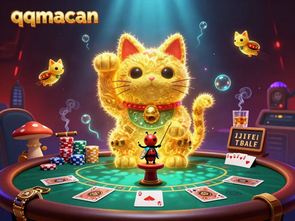 Engage with qqmacan's vibrant casinos through a lucky cat illustration showcasing poker elements and dynamic gaming atmosphere.
