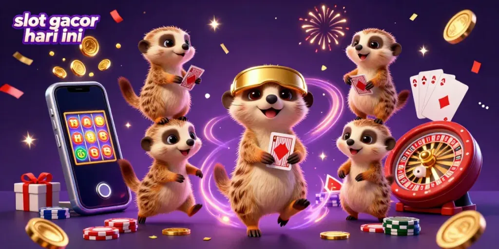 Experience the thrill of slot gacor hari ini with a lively 3D meerkat casino scene featuring engaging game elements.