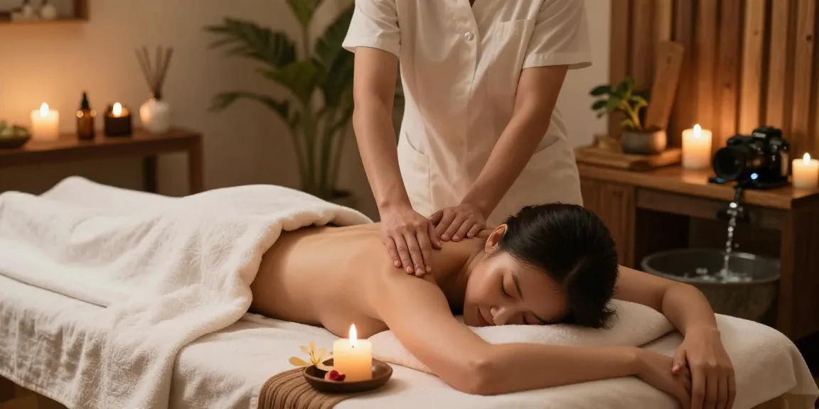 일산출장안마 massage therapy in a tranquil spa atmosphere with candles and flowers.