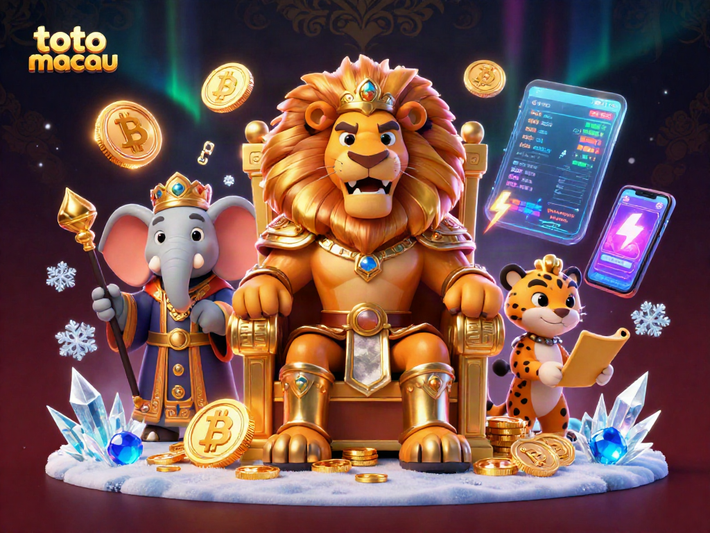 Tampilkan permainan togel toto macau dengan singa, gajah, dan cheetah dalam ilustrasi 3D yang megah.