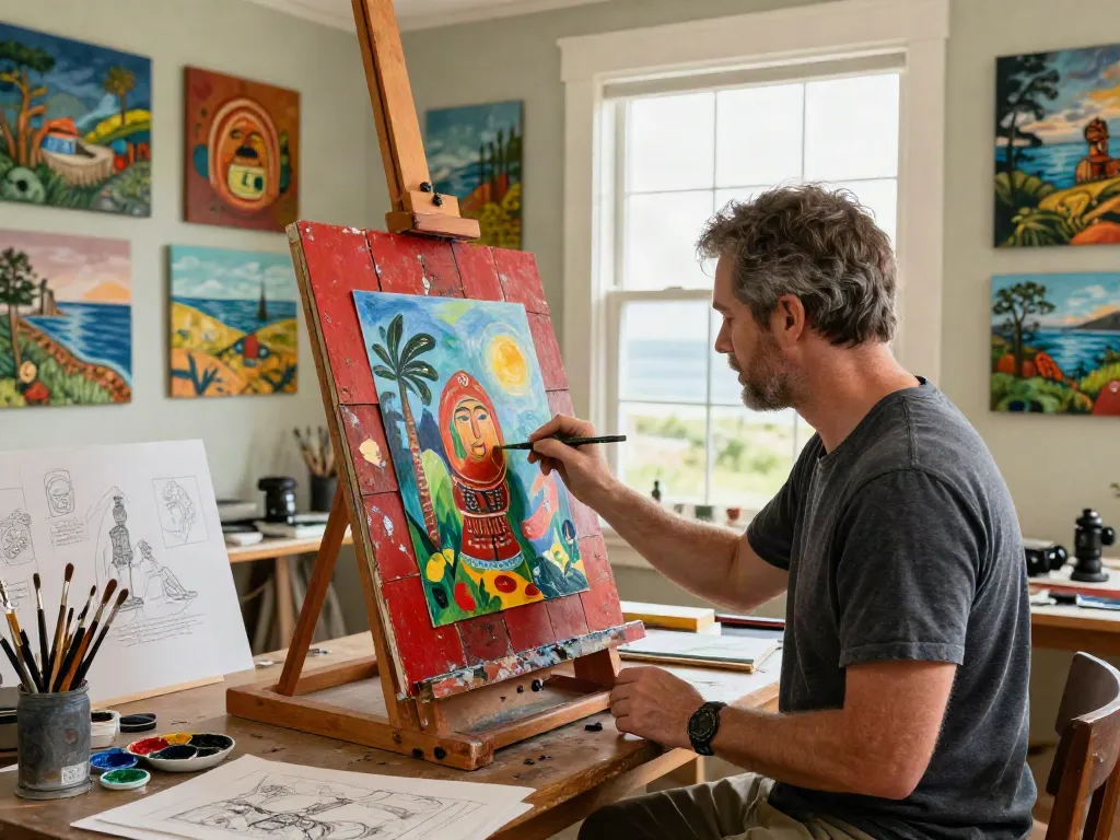 Bruce Bailey creating mixed media artwork in his coastal studio with red cedar shingles, inspired by ancient culture.